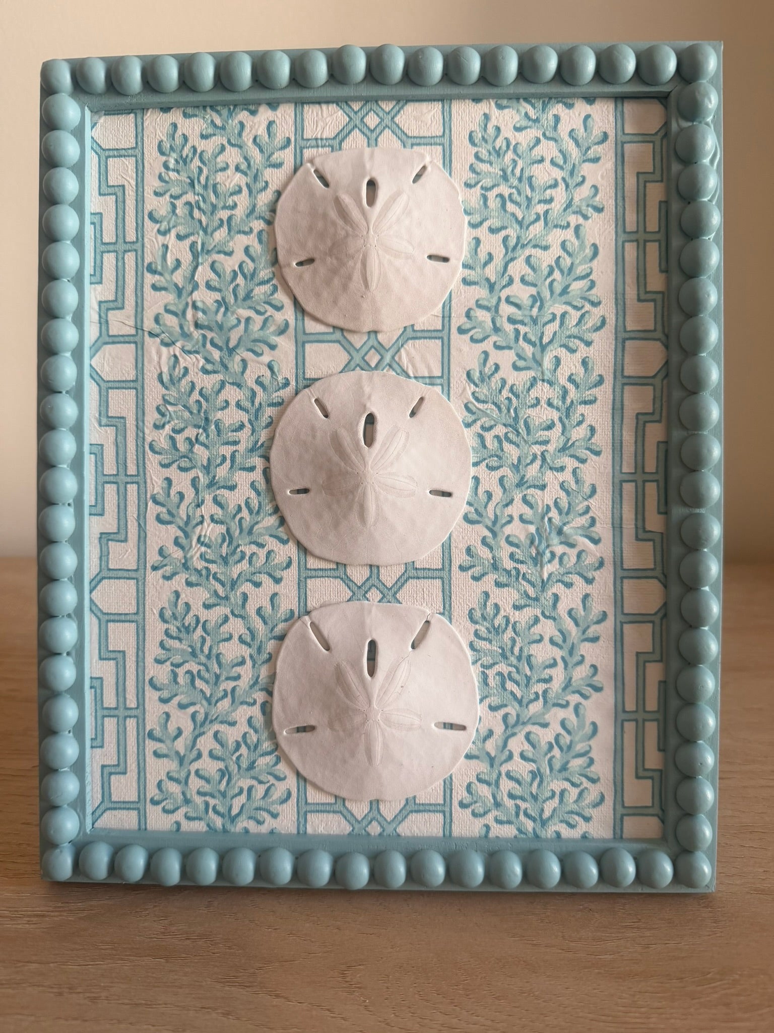 White Sand Dollar Trio on Coral and Lattice