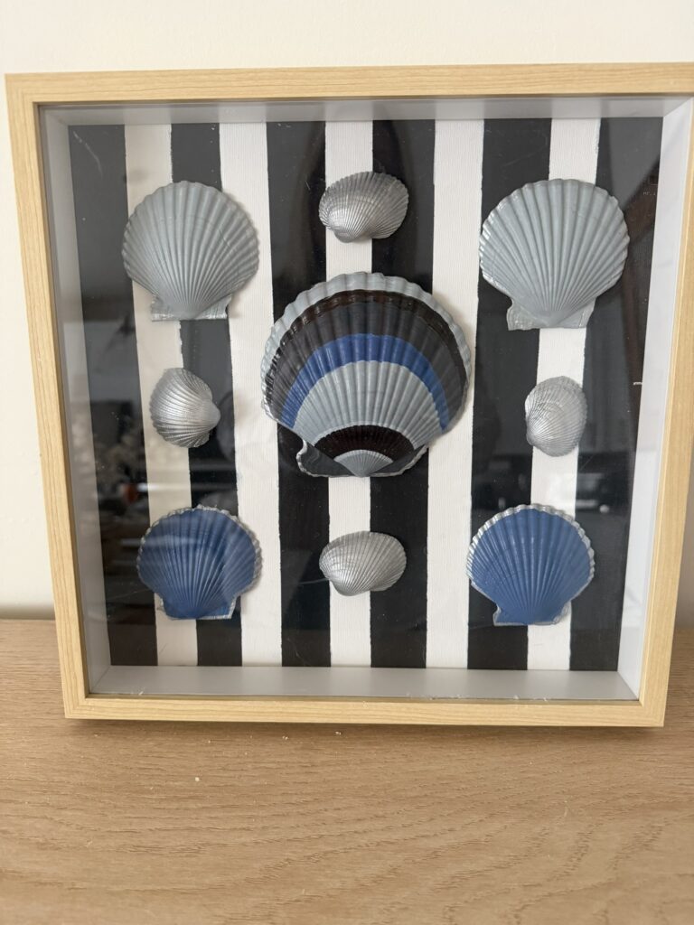 Silver and Blue Scallops on Black-and-White Stripe