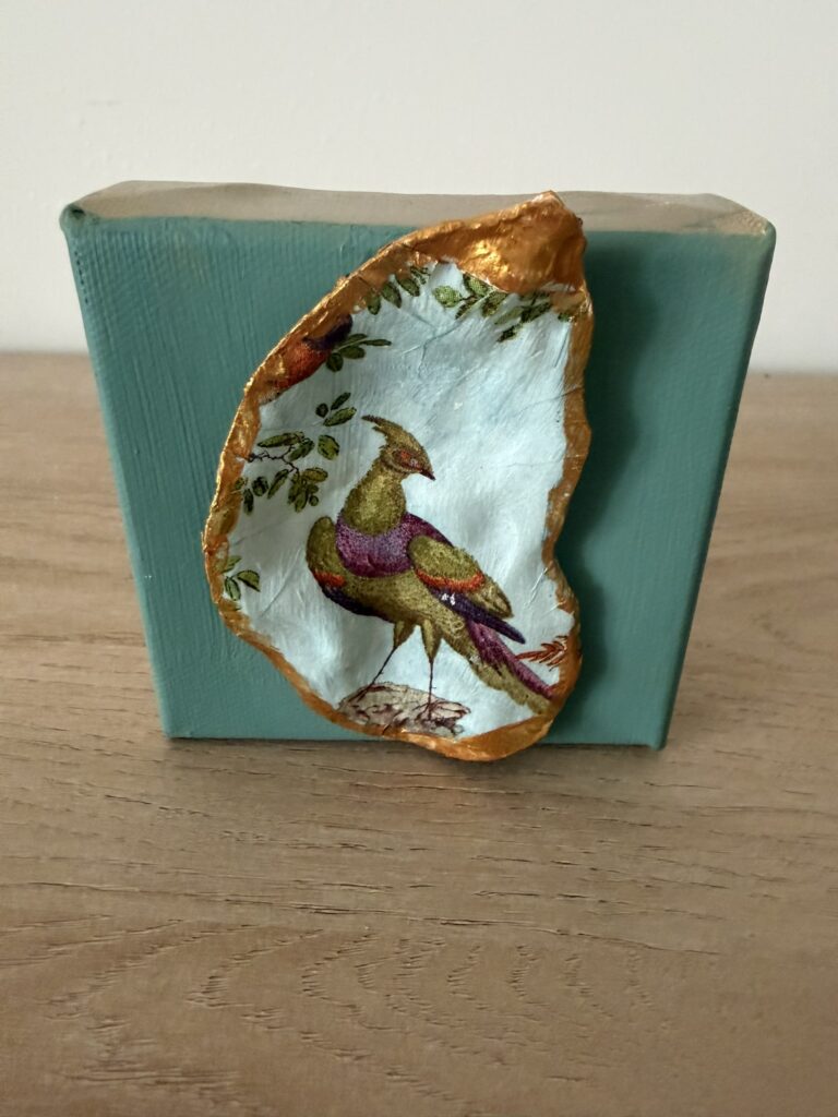 Exotic Bird Chinoiserie Oyster on Teal Canvas