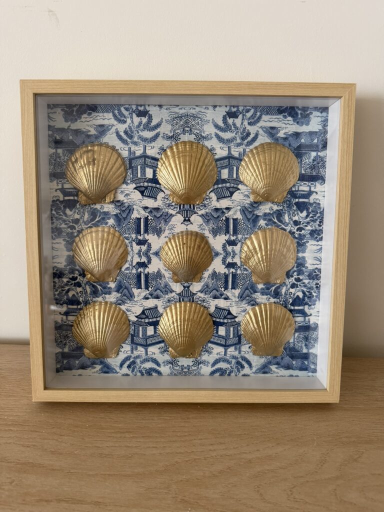 Golden Scallop Grid on Blue Chinoiserie Toile II