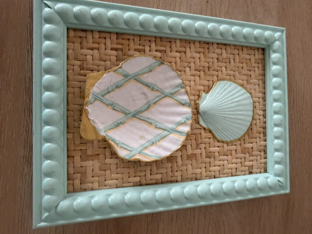Bamboo Lattice Oyster and Scallop on Rattan in Seafoam Frame