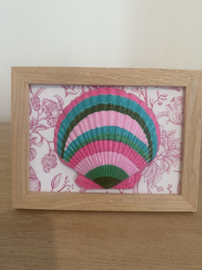 Pink and Teal Striped Scallop on Rose Toile