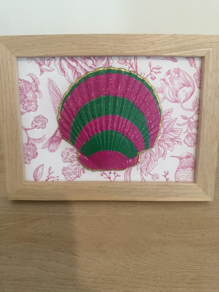 Fuchsia and Emerald Striped Scallop on Rose Toile