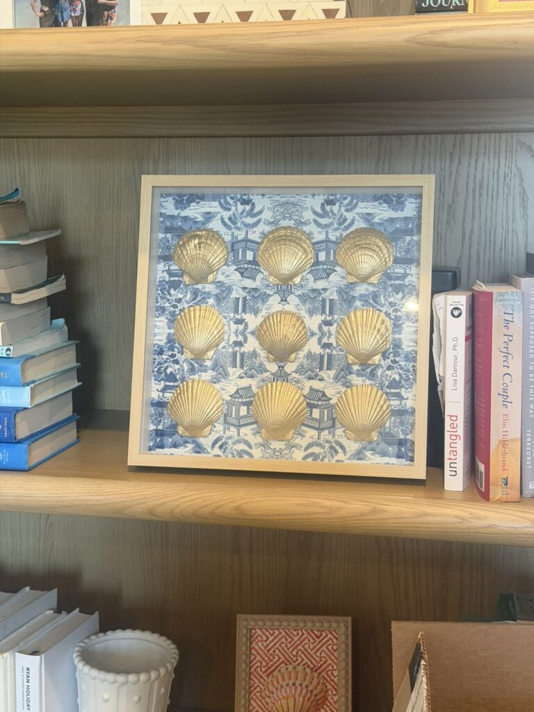 Golden Scallop Grid on Blue Chinoiserie Toile