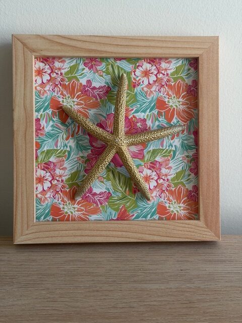 Gold Starfish on Tropical Hibiscus in Natural Wood Frame