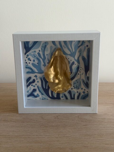 Gold Oyster on Blue Coral Print in White Shadow Box