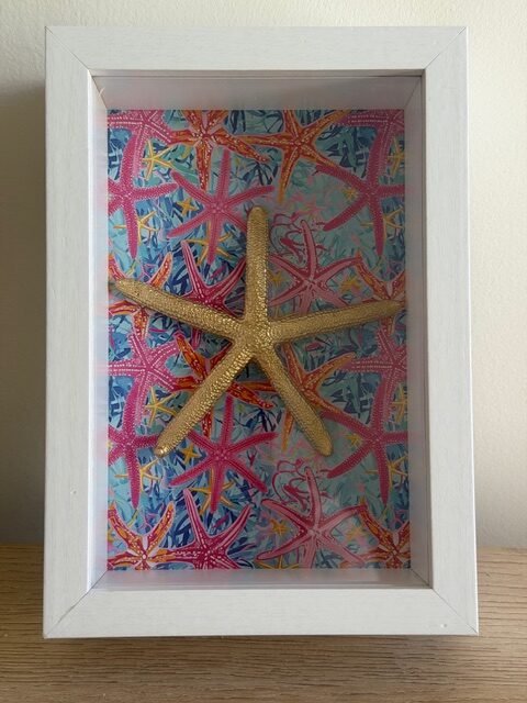 Gold Starfish on Pink Starfish Print in White Shadow Box