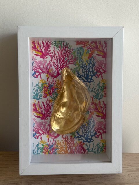 Gold Oyster on Rainbow Coral Print in White Shadow Box