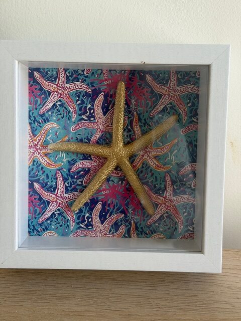 Gold Starfish on Teal Starfish Print in White Shadow Box