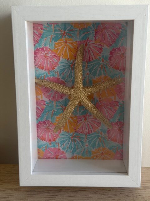 Gold Starfish on Pink and Teal Floral in White Shadow Box