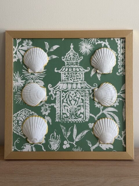 Gold-Trimmed White Scallop Quintet on Green Chinoiserie in Gold Frame