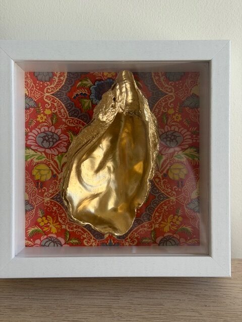 Gold Oyster on Coral Chinoiserie Floral in White Shadow Box