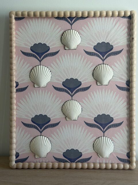 White Scallop Sextet on Blush Fan Print in Beaded Frame