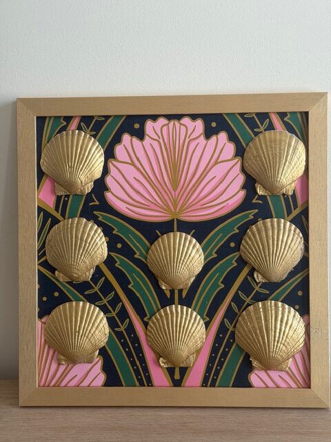 Gold Scallop Octet on Navy and Pink Botanical in Gold Frame