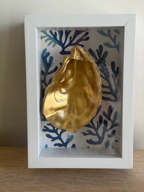 Gold Oyster on Blue Coral Watercolor in White Shadow Box